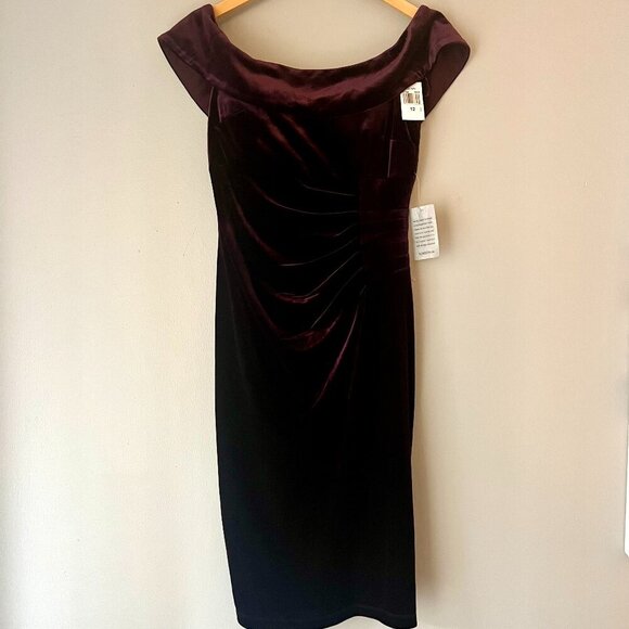 NWT Xscape Off shoulder Velvet Midi Dress Plum Purple Size 12 - Picture 2 of 8